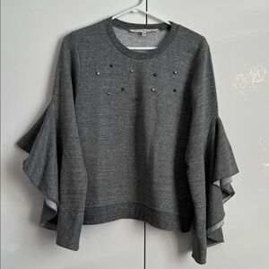 RACHEL ROY Gray Sweatshirt with Ruffle Sleeves and Pearl Accent, Size M
